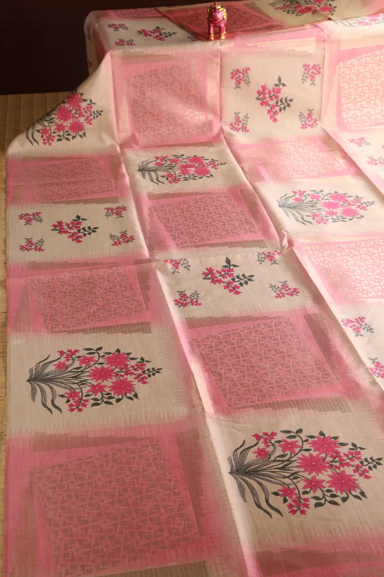 Lemonade Pink Tussar Saree with Antic Zari Flower Mottif view 2