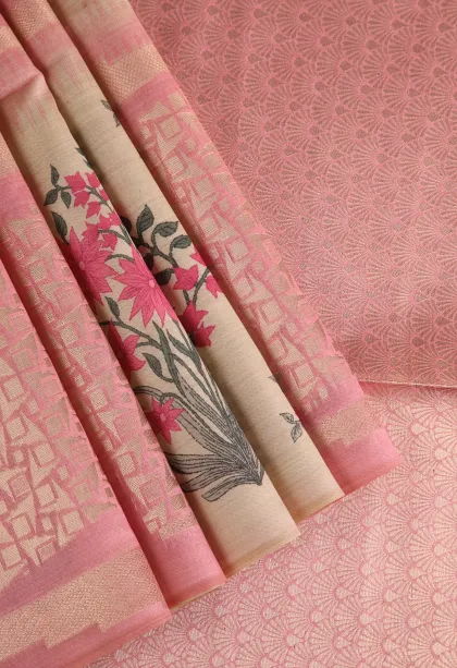 Lemonade Pink Tussar Saree with Antic Zari Flower Mottif