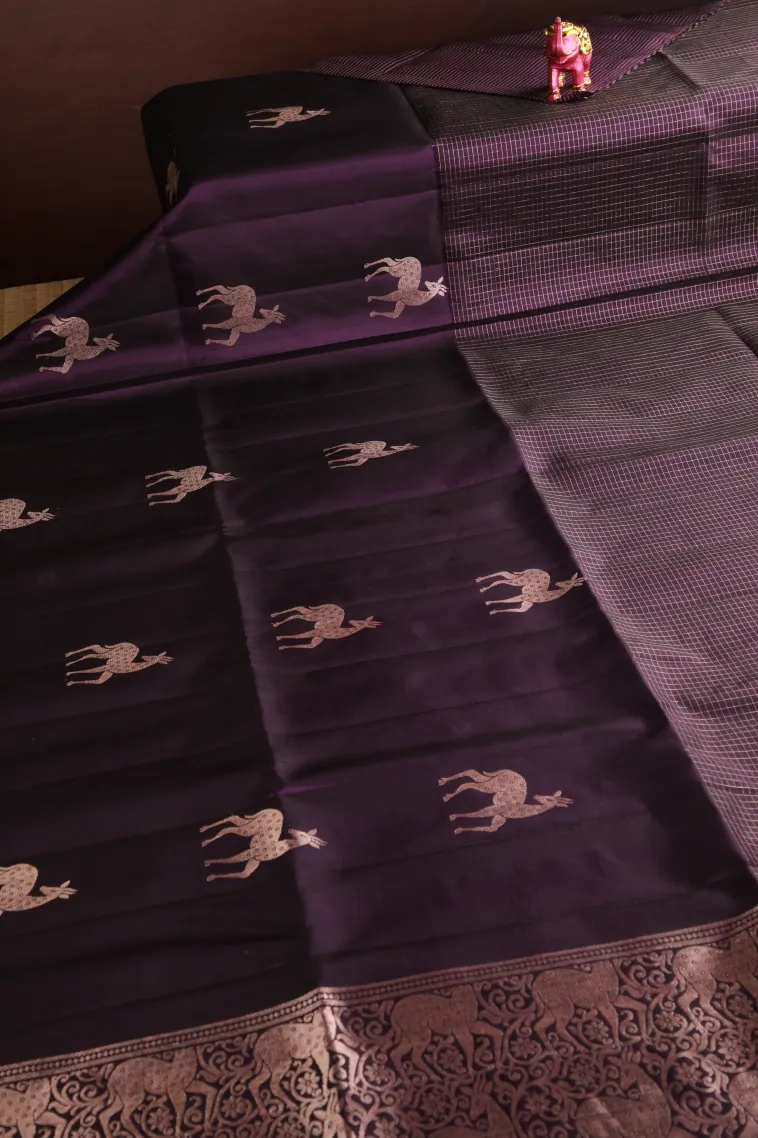 Grape Purple Soft Silk Saree with Gold Zari Checks And Animal view 2