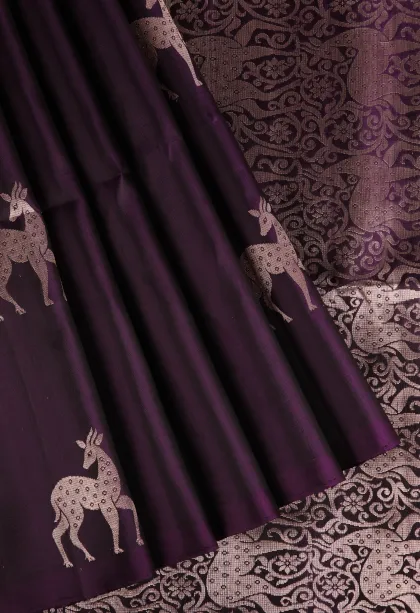 Grape Purple Soft Silk Saree with Gold Zari Checks And Animal