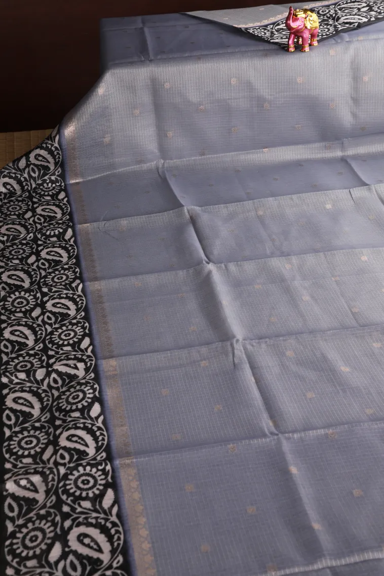 Stone Blue Manipuri Cotton Sarees with Gold Zari Buttis (small Dots Or Motifs) view 2