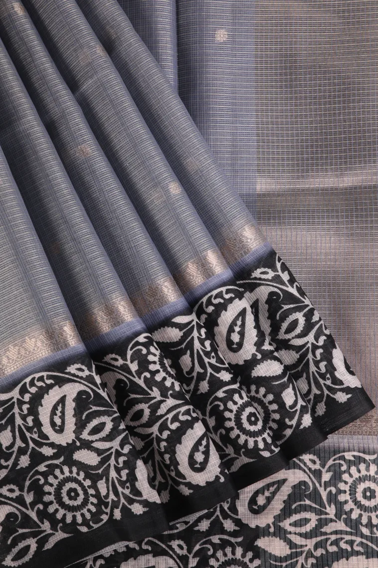 Stone Blue Manipuri Cotton Sarees with Gold Zari Buttis (small Dots Or Motifs)