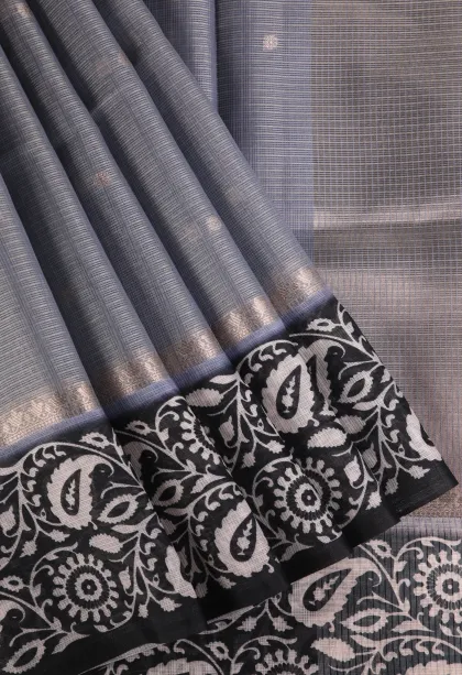 Stone Blue Manipuri Cotton Sarees with Gold Zari Buttis (small Dots Or Motifs)