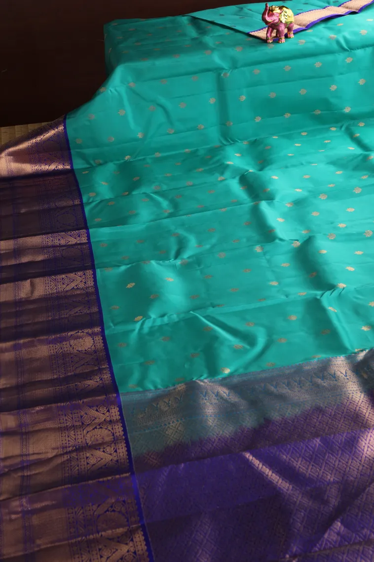 Sapphire Blue Soft Silk Saree with Gold Zari Buttis (small Dots Or Motifs) view 2