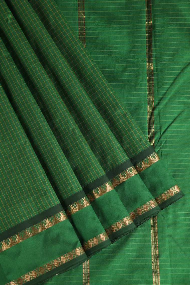 Basil Green Soft Silk Saree with Gold Zari Checks view 1