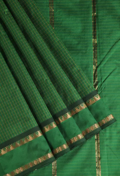 Basil Green Soft Silk Saree with Gold Zari Checks