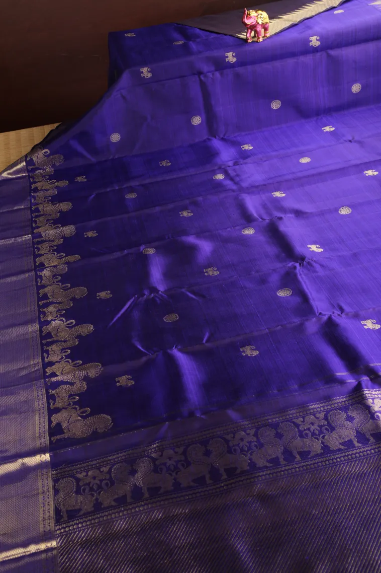 Navy Blue Kanchipuram Silk Sarees with Silver Zari Animal Mottif view 2