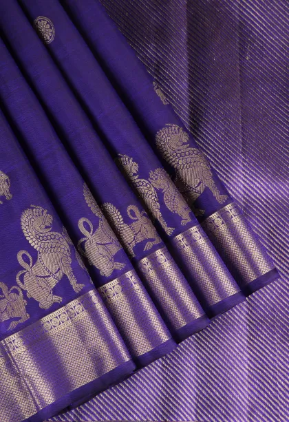 Navy Blue Kanchipuram Silk Sarees with Silver Zari Animal Mottif