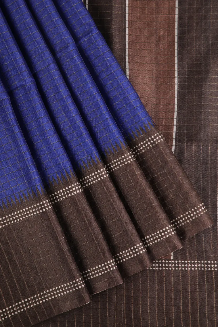Azure Blue Tussar Saree with Gold Zari Checks view 1