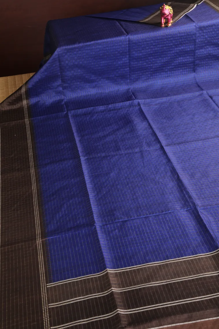 Azure Blue Tussar Saree with Gold Zari Checks view 2