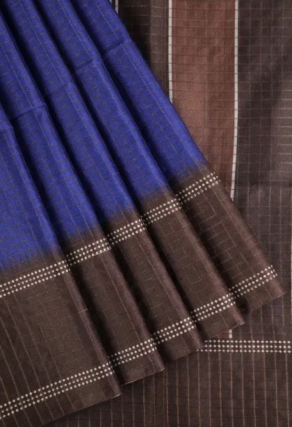 Azure Blue Tussar Saree with Gold Zari Checks