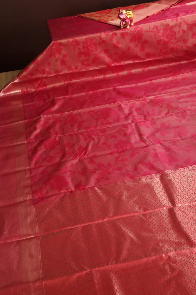 Blush Red Soft Silk Sarees with Bronze Zari Floral Patterns view 2