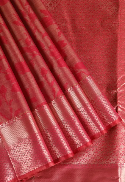 Blush Red Soft Silk Sarees with Bronze Zari Floral Patterns