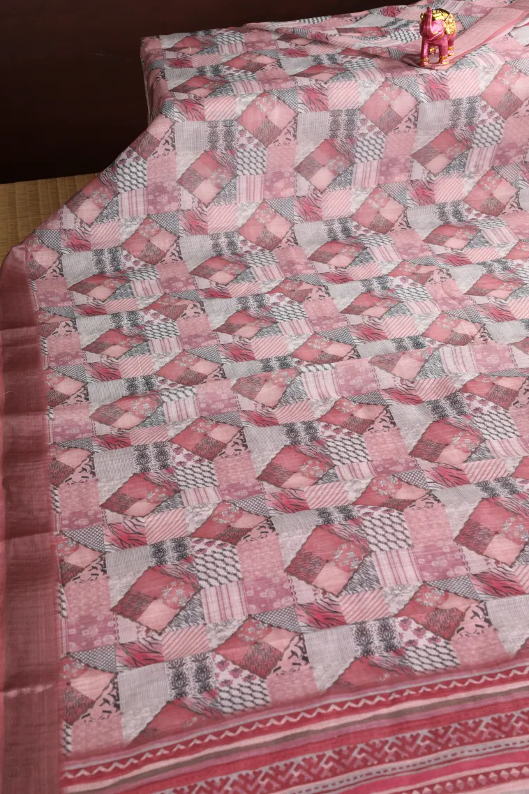 Coconut White Linen Saree with Silver Zari Geometric Shapes view 2