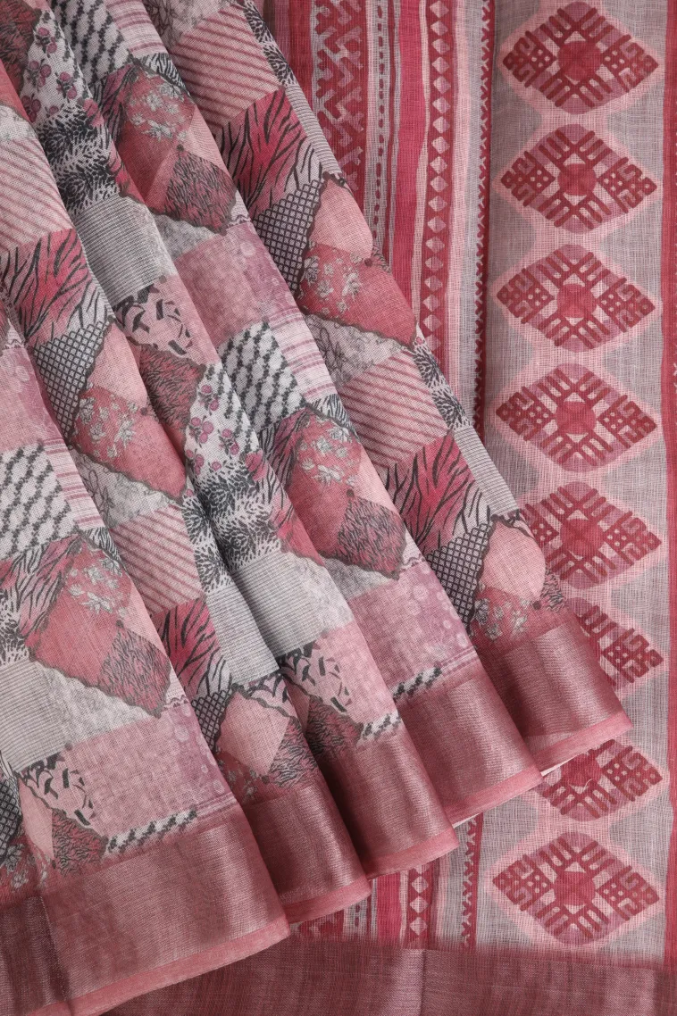 Coconut White Linen Saree with Silver Zari Geometric Shapes