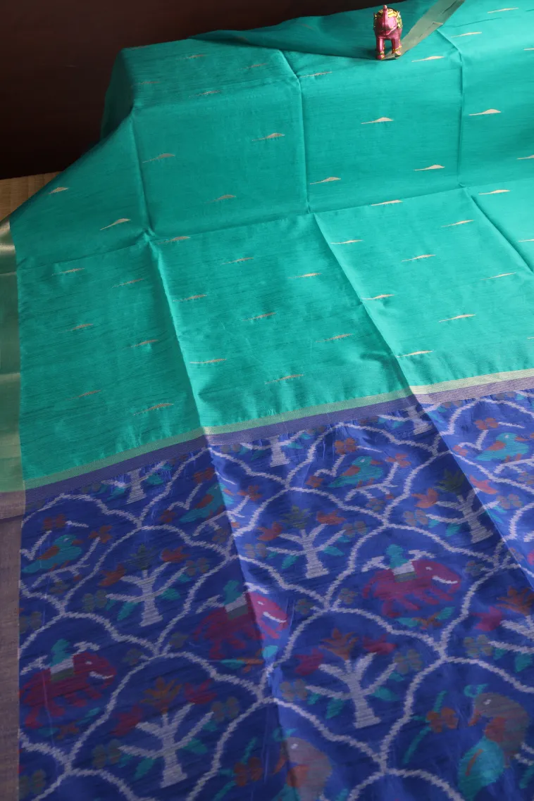 Teal Blue Silk Cotton Sarees with Gold Zari Buttis (small Dots Or Motifs) view 2