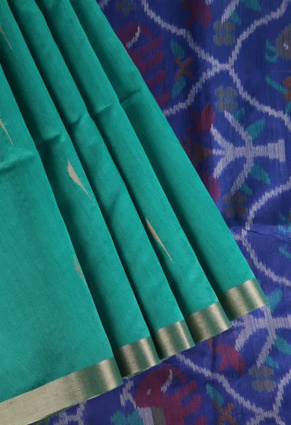 Teal Blue Silk Cotton Sarees with Gold Zari Buttis (small Dots Or Motifs)