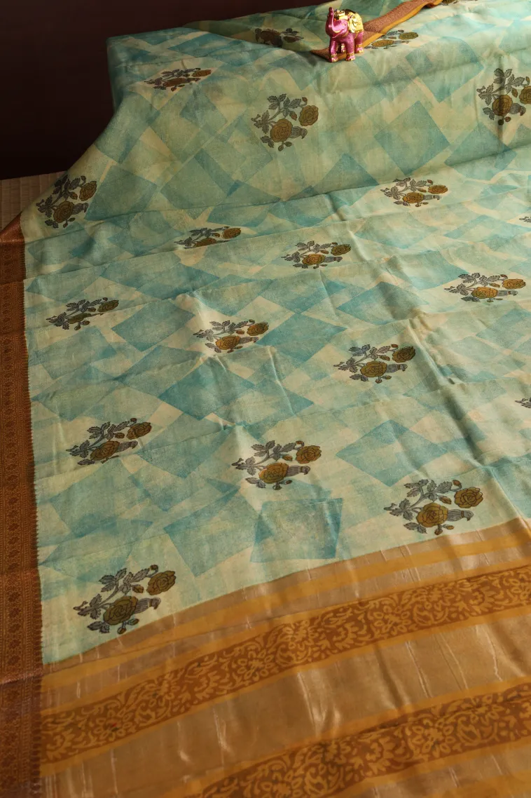 Pistachio Green Chanderi Cotton Sarees with Copper Zari Geometric Shapes view 2