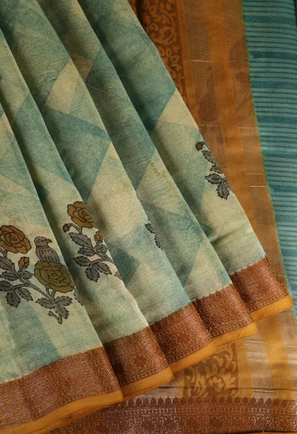Pistachio Green Chanderi Cotton Sarees with Copper Zari Geometric Shapes