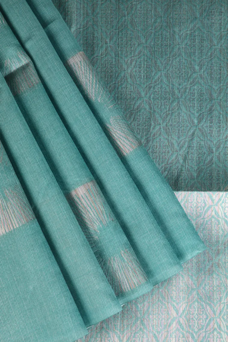 Teal Blue Tussar Saree Without Zari With Jamandery Pattern