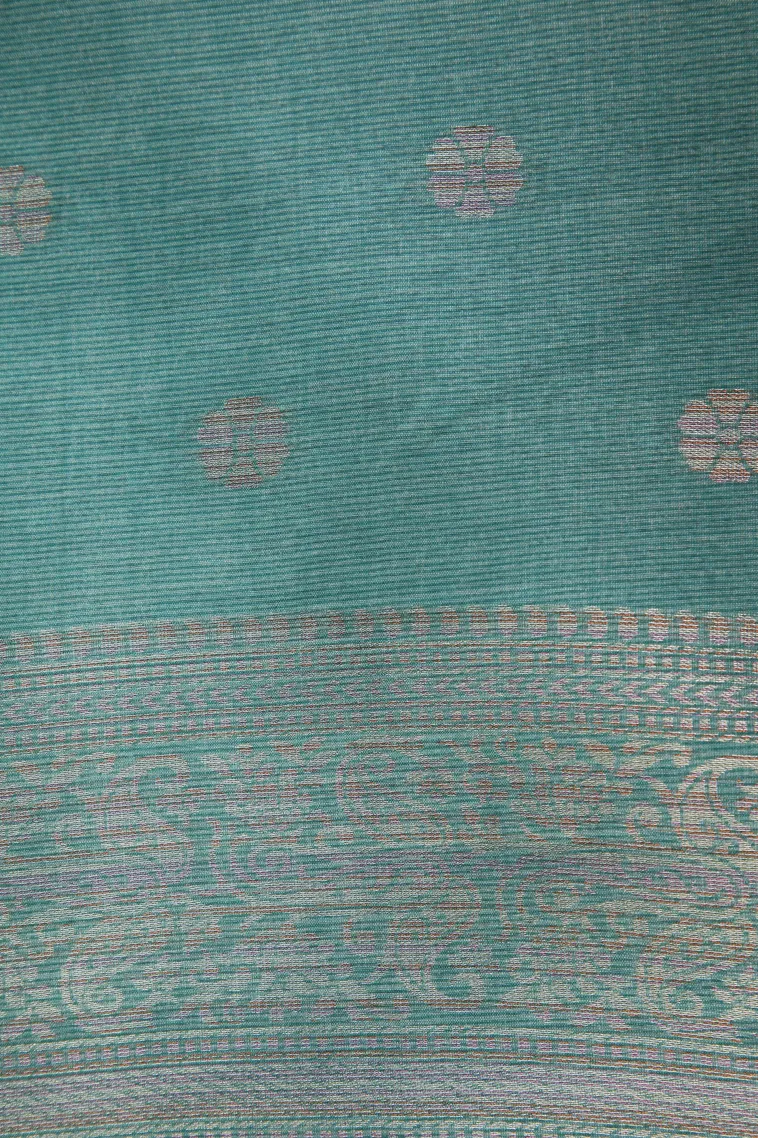 Teal Blue Tussar Saree Without Zari With Jamandery Pattern view 3