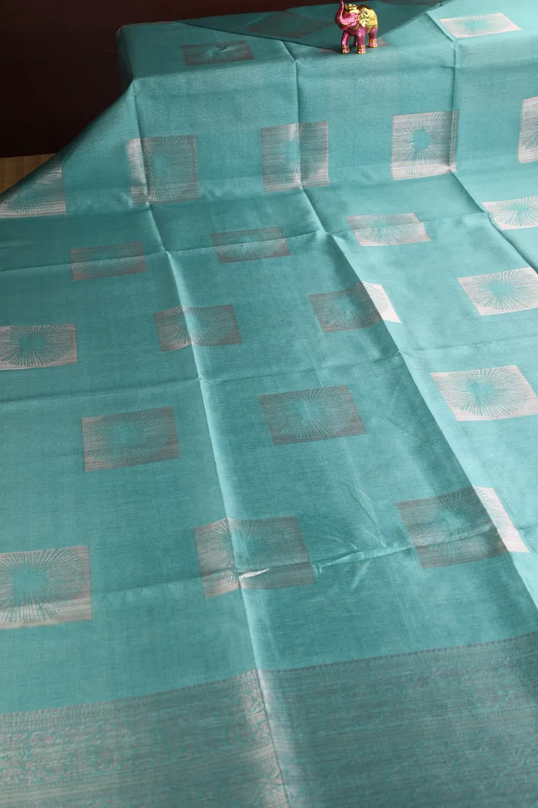 Teal Blue Tussar Saree Without Zari With Jamandery Pattern view 2