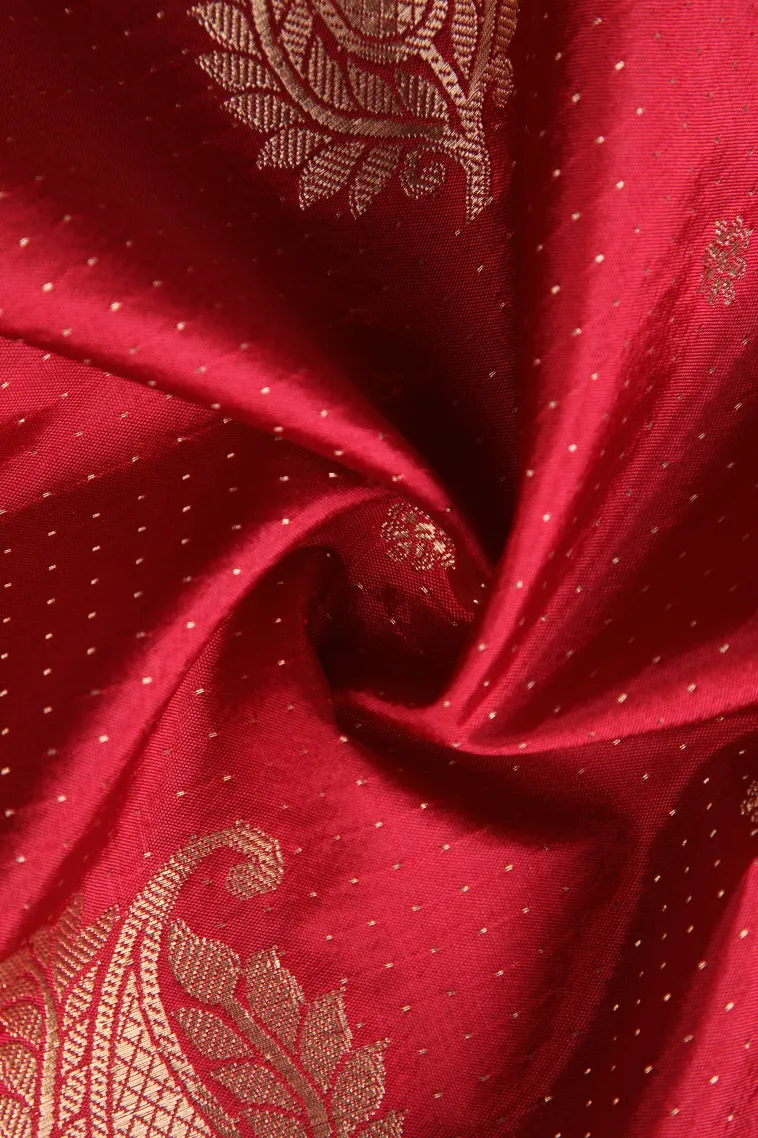 Rose Red Raw Silk Sarees with Gold Zari Buttis (small Dots Or Motifs) view 4