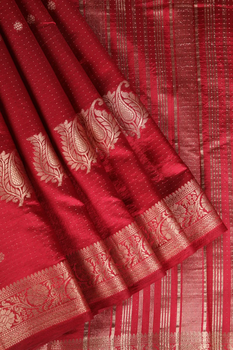 Rose Red Raw Silk Sarees with Gold Zari Buttis (small Dots Or Motifs)