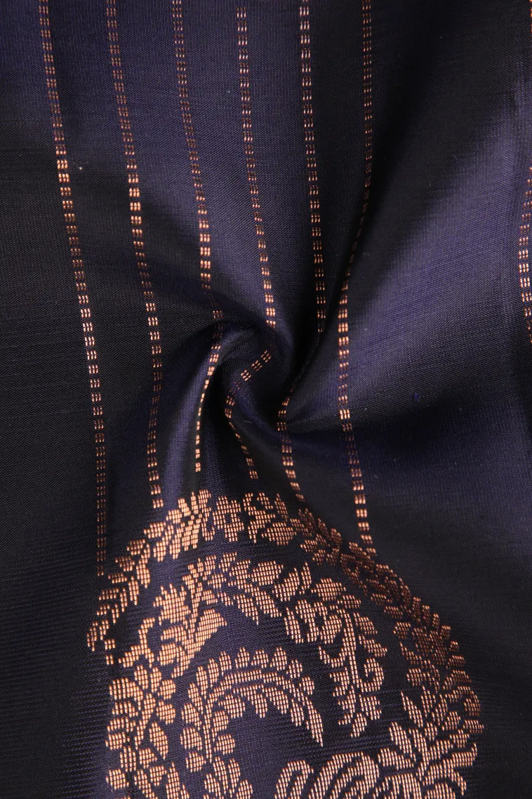Indigo Blue Soft Silk Saree with Copper Zari Straipes And Puttas view 4