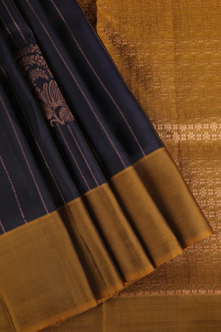 Indigo Blue Soft Silk Saree with Copper Zari Straipes And Puttas view 1