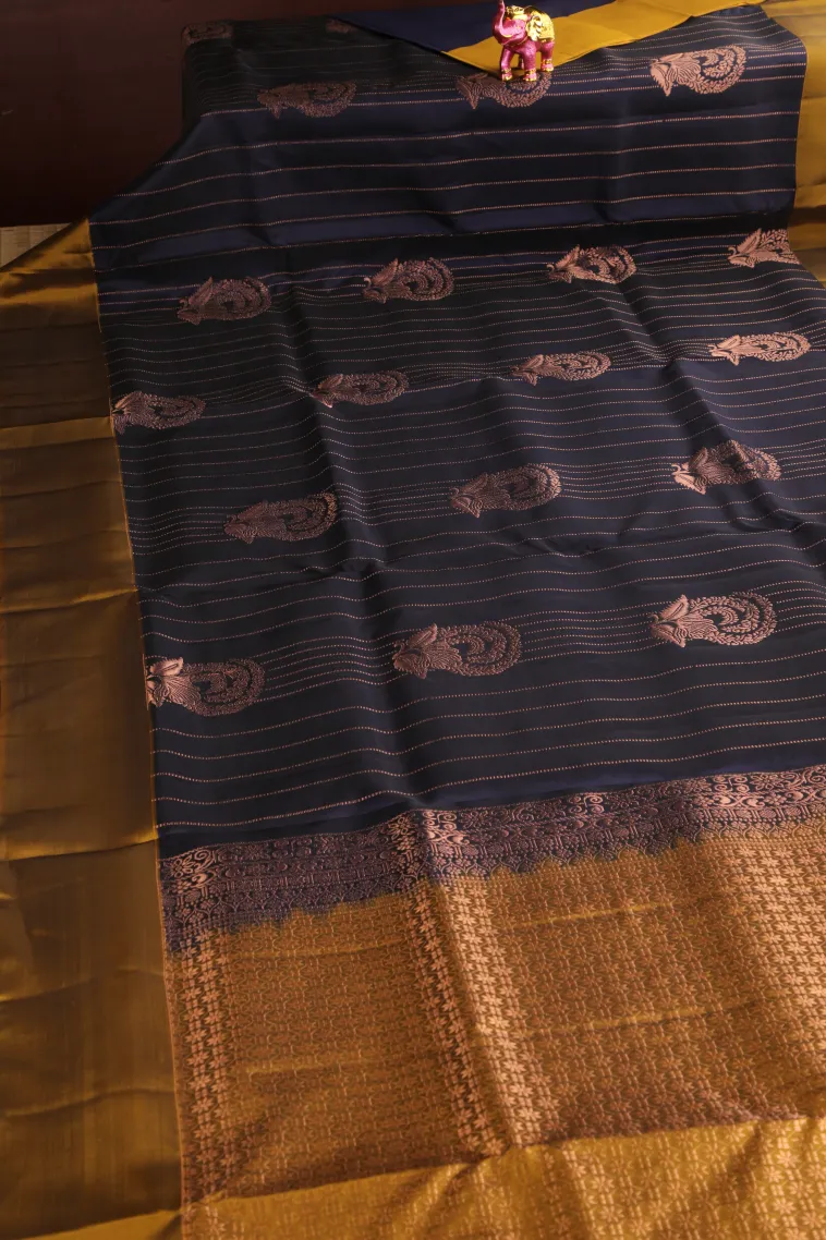 Indigo Blue Soft Silk Saree with Copper Zari Straipes And Puttas view 2
