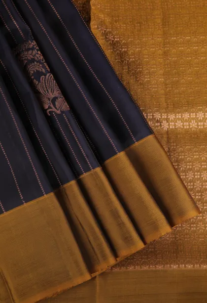 Indigo Blue Soft Silk Saree with Copper Zari Straipes And Puttas