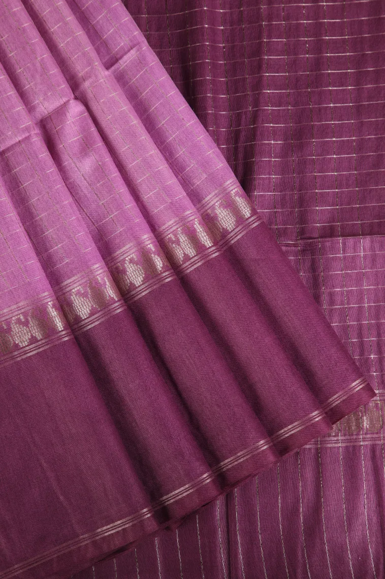 Lavender Purple Tussar Saree with Gold Zari Checks