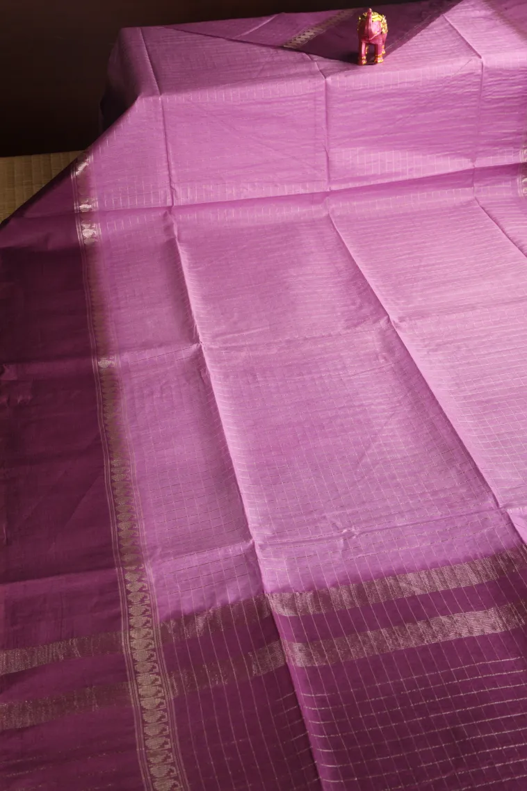 Lavender Purple Tussar Saree with Gold Zari Checks view 2