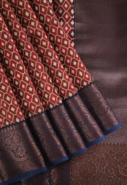 Berry Red Chanderi Cotton Sarees with Copper Zari Geometric Shapes