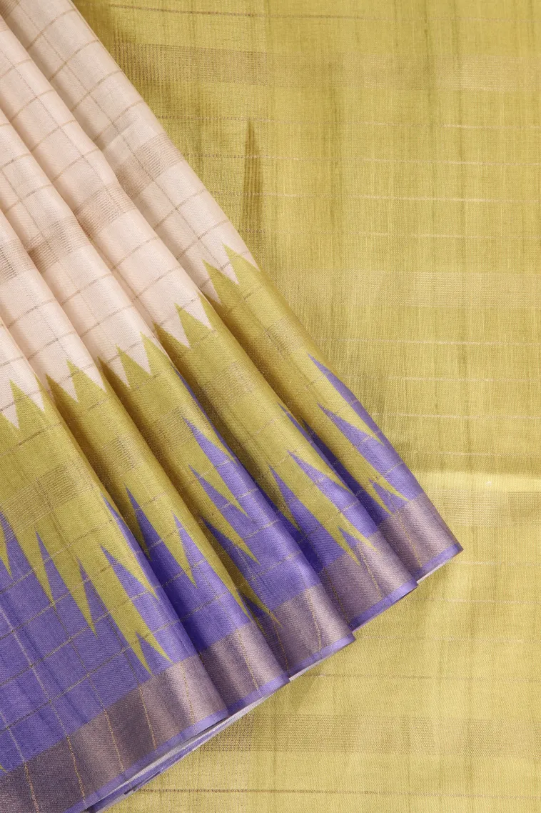 Ivory White Tussar Saree with Gold Zari Checks