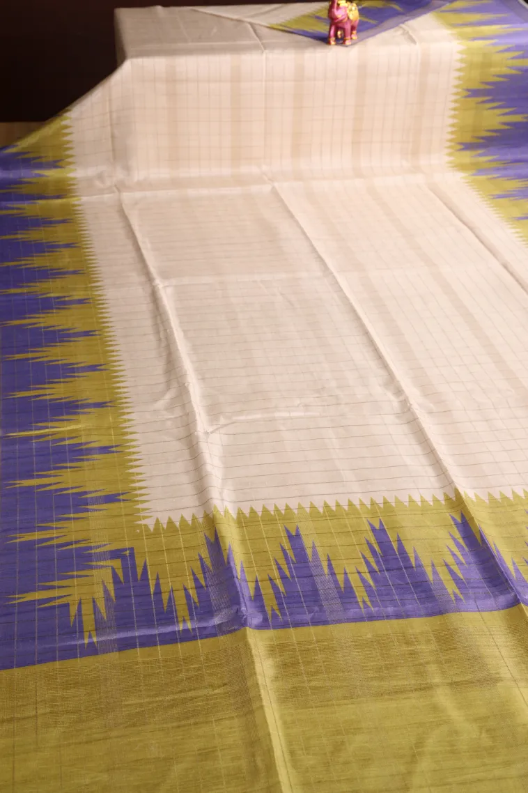 Ivory White Tussar Saree with Gold Zari Checks view 2