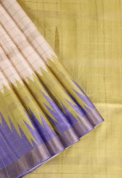Ivory White Tussar Saree with Gold Zari Checks