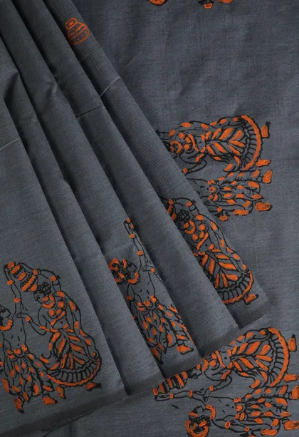Stone Blue Poly Cotton Sarees Without Zari With Tribal Or Folk Art