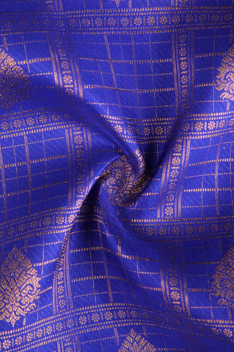 Lapis Blue Kanchipuram Silk Sarees with Gold Zari Checks And Puttas view 4