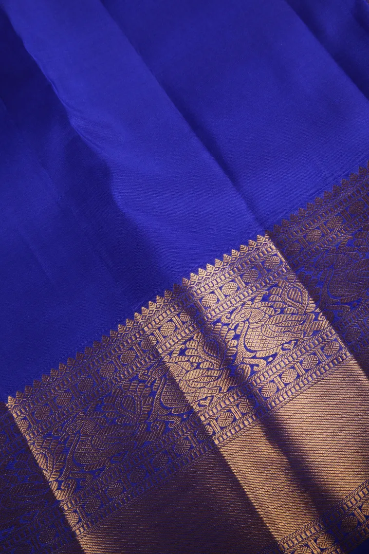 Lapis Blue Kanchipuram Silk Sarees with Gold Zari Checks And Puttas view 3