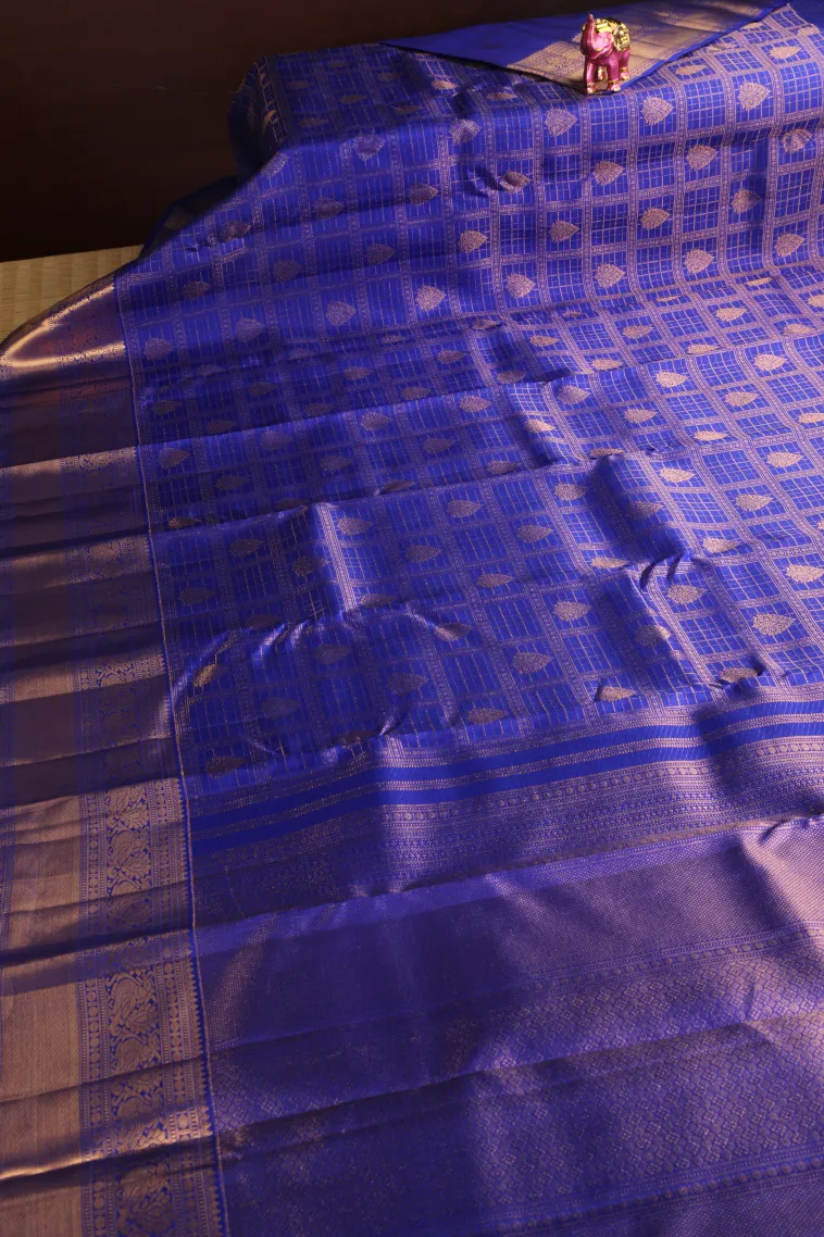Lapis Blue Kanchipuram Silk Sarees with Gold Zari Checks And Puttas view 2