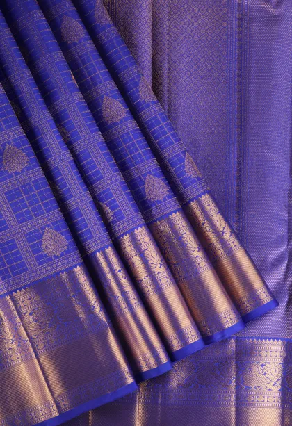 Lapis Blue Kanchipuram Silk Sarees with Gold Zari Checks And Puttas