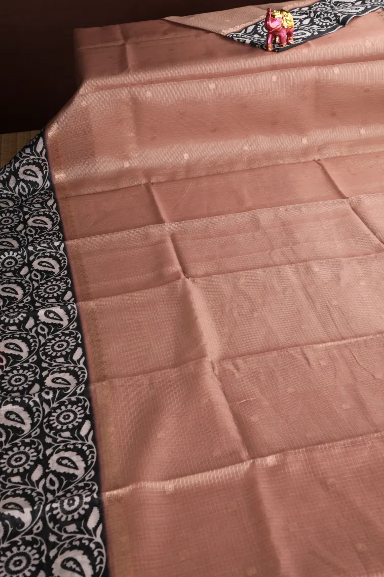 Peach Pink Manipuri Cotton Sarees with Gold Zari Buttis (small Dots Or Motifs) view 2