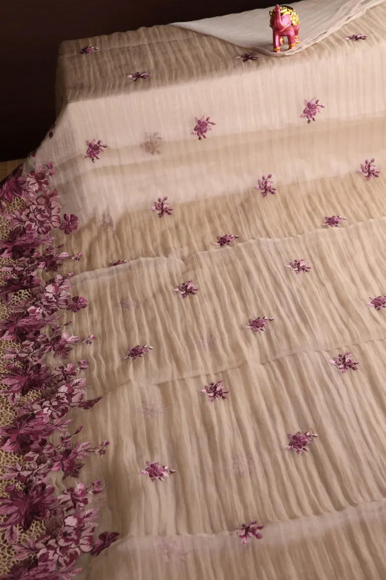Salt White Organza Saree Without Zari With Floral Puttas view 2