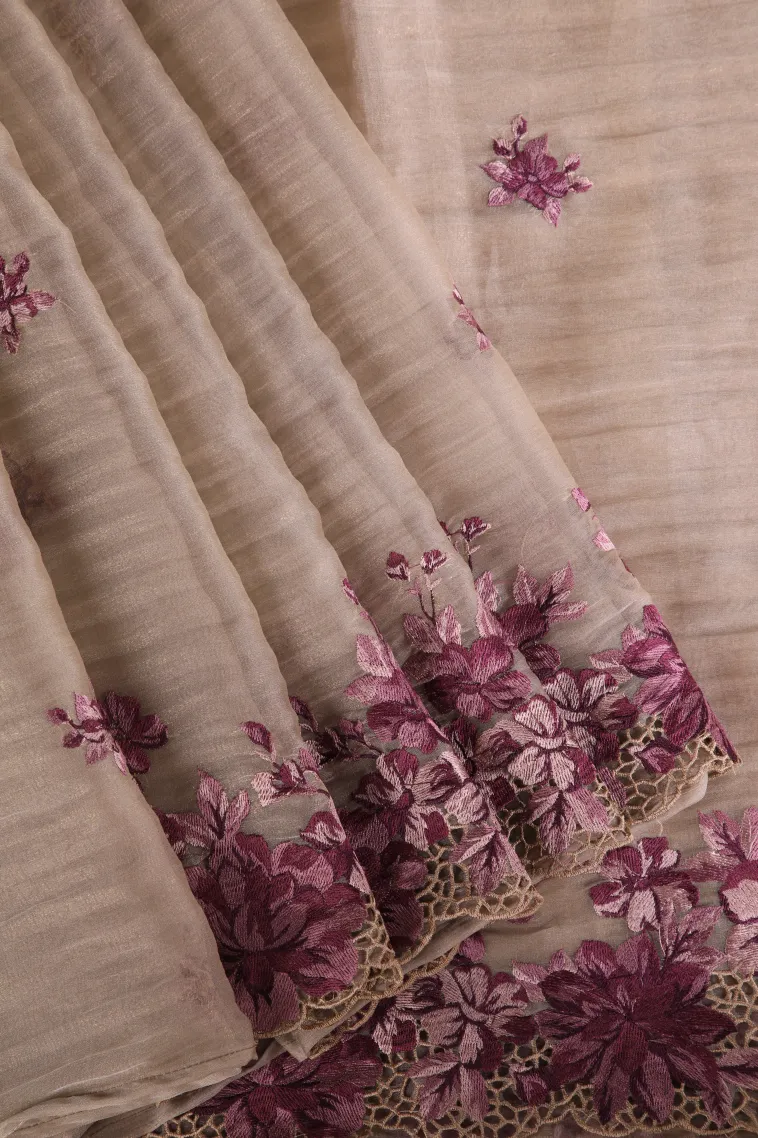 Salt White Organza Saree Without Zari With Floral Puttas