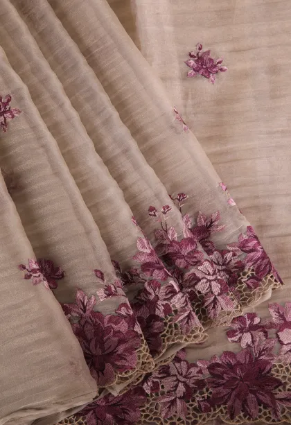 Salt White Organza Saree Without Zari With Floral Puttas