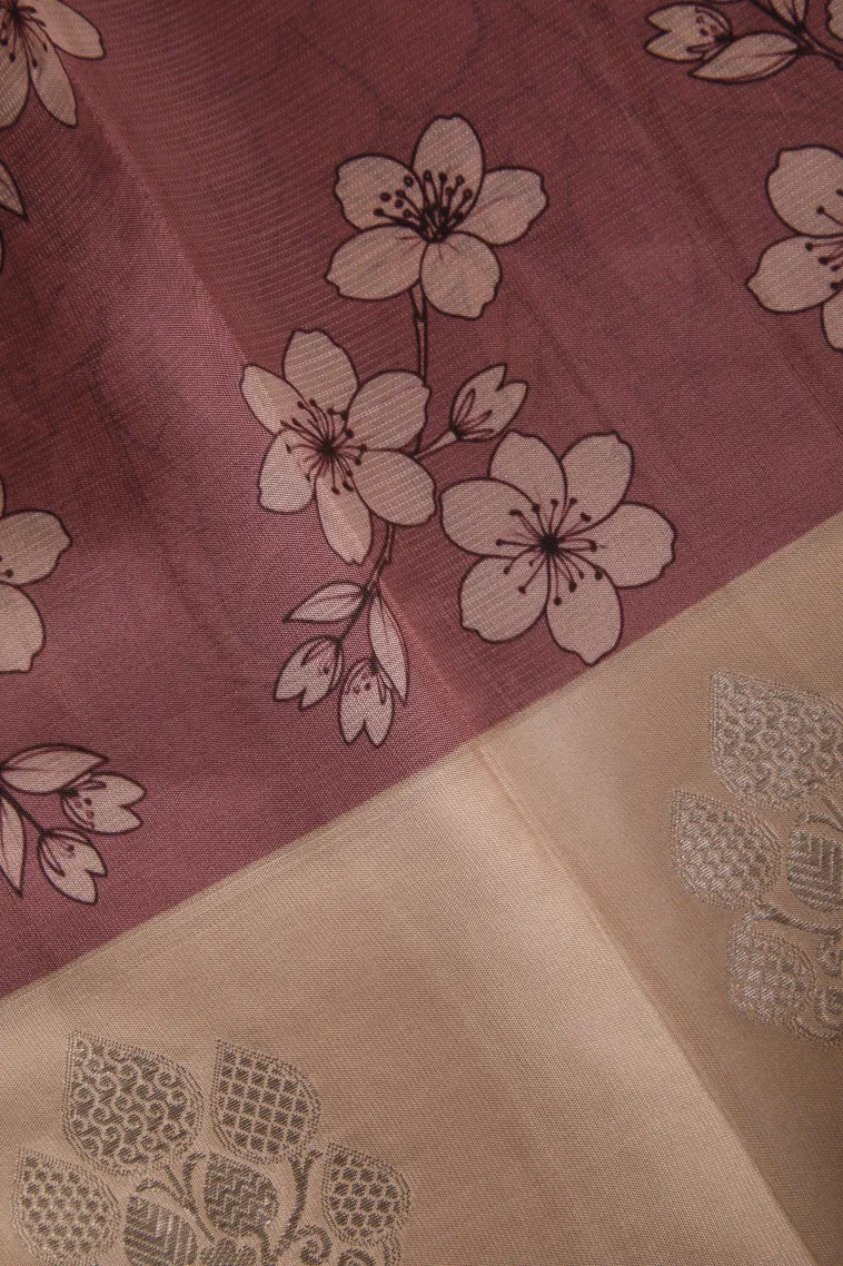 Crepe Pink Semi Raw Silk Printed with Bronze Zari Floral Patterns view 3