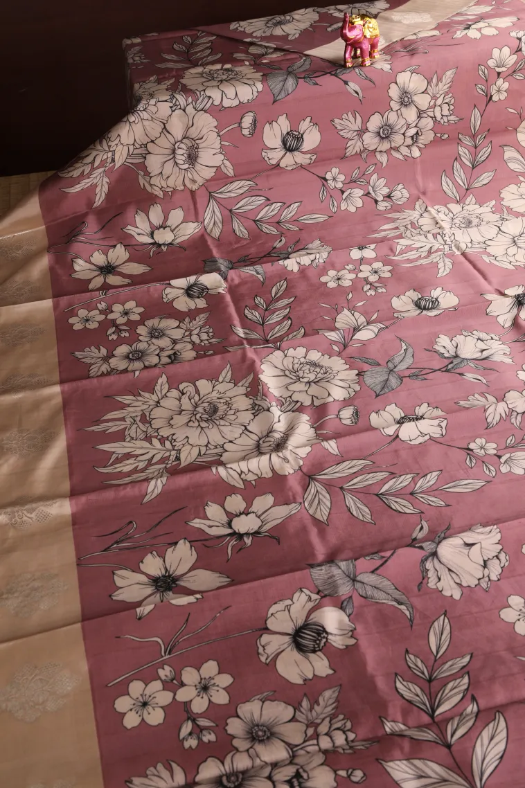 Crepe Pink Semi Raw Silk Printed with Bronze Zari Floral Patterns view 2