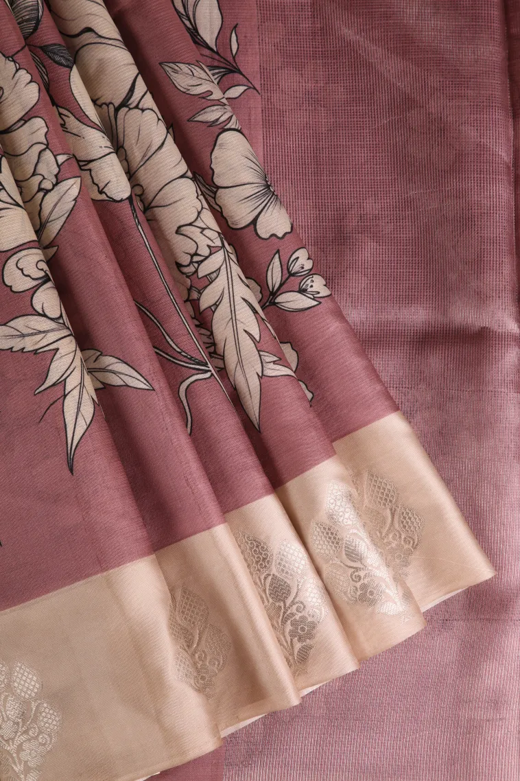 Crepe Pink Semi Raw Silk Printed with Bronze Zari Floral Patterns